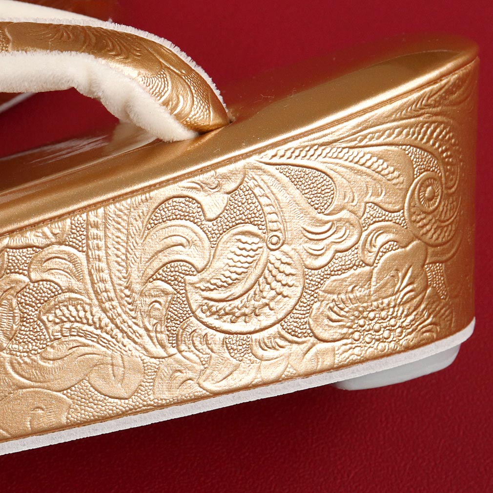 草履 成人式 振袖用 Mサイズ Lサイズ エナメル 金 銀 黒 白 唐花 紗織謹製 厚底 日本製 モダン おしゃれ 袴