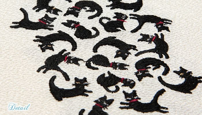 おしゃれ刺繍半衿『猫づくし』ホワイトアイボリー白ベージュ