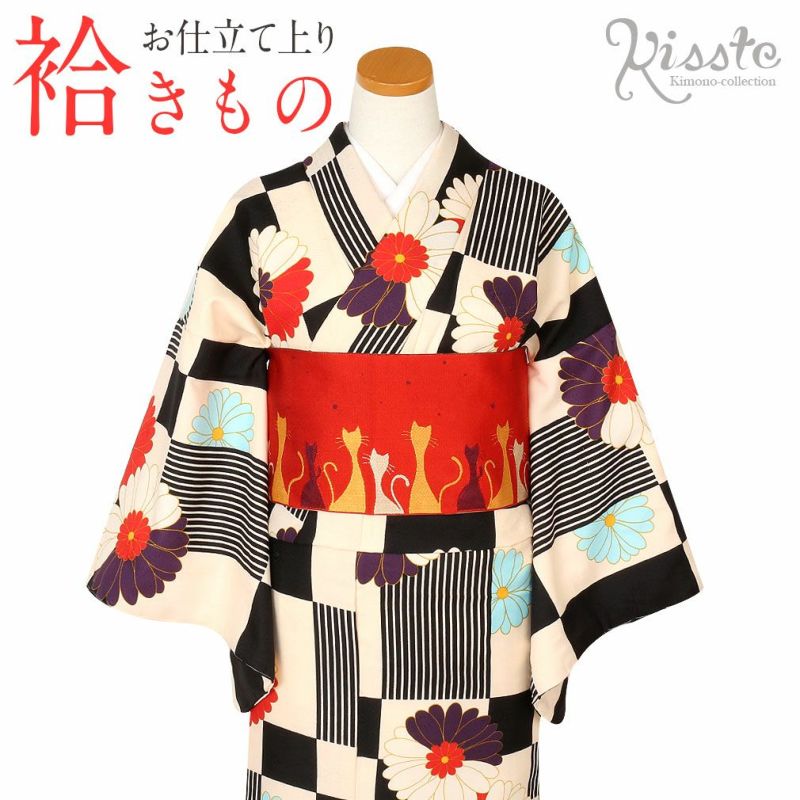 着物 お仕立上り 袷 Ｍ／Ｌサイズ ポリエステル ＜生成り×黒／市松、菊＞