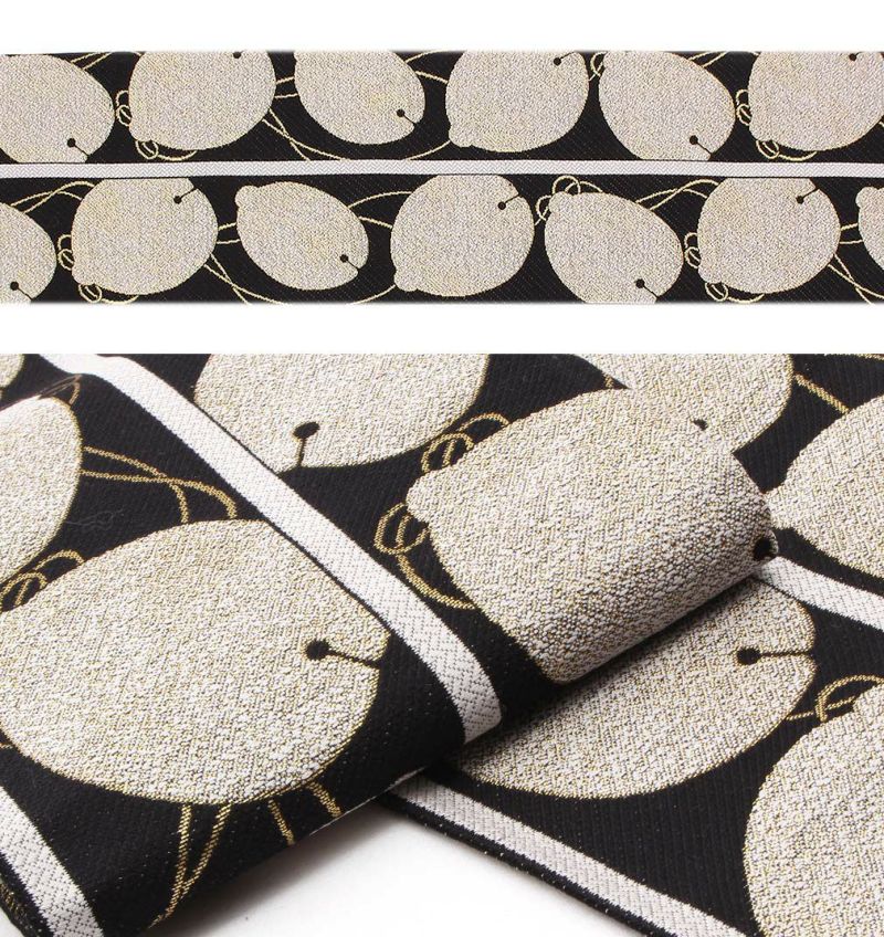 半幅帯 帯 正絹 ＜黒・金・銀／金猫×鈴＞ 佐々木染織謹製