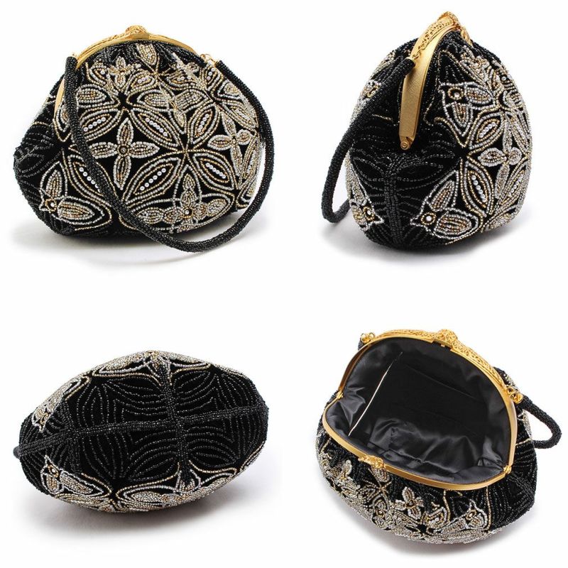 手刺繍ビーズバッグ 国産グラスビーズ ブラック 七宝に華 ハンドバッグ