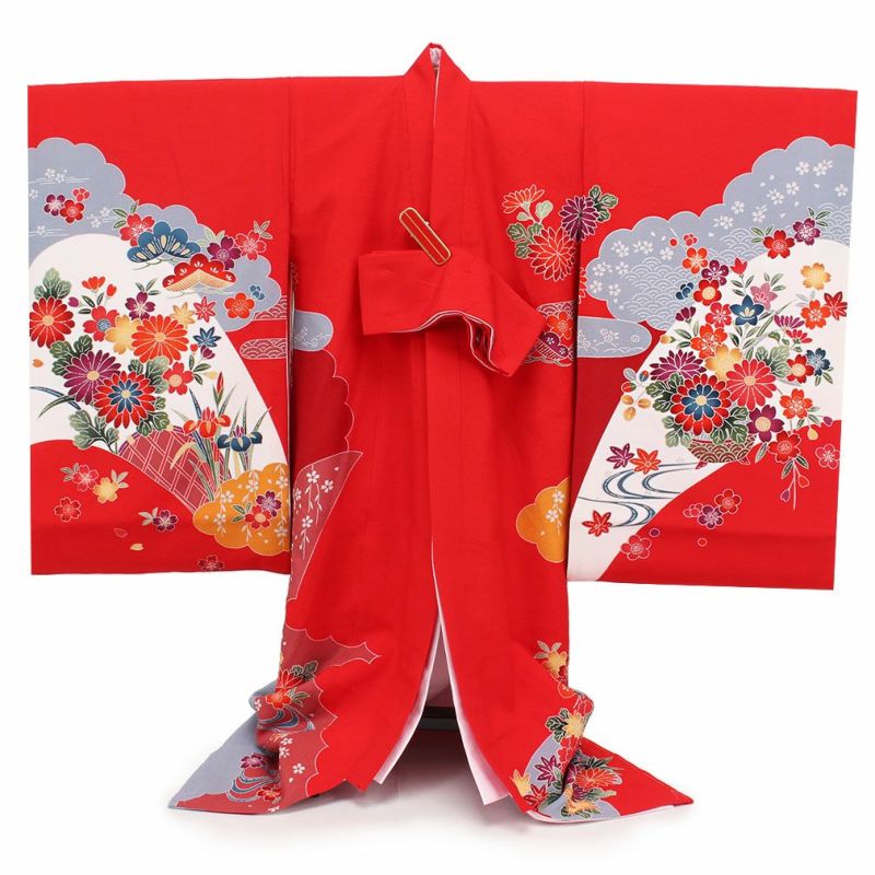 お宮参り 着物 女の子 産着 祝い着 赤 花車とオシドリ 正絹 のしめ