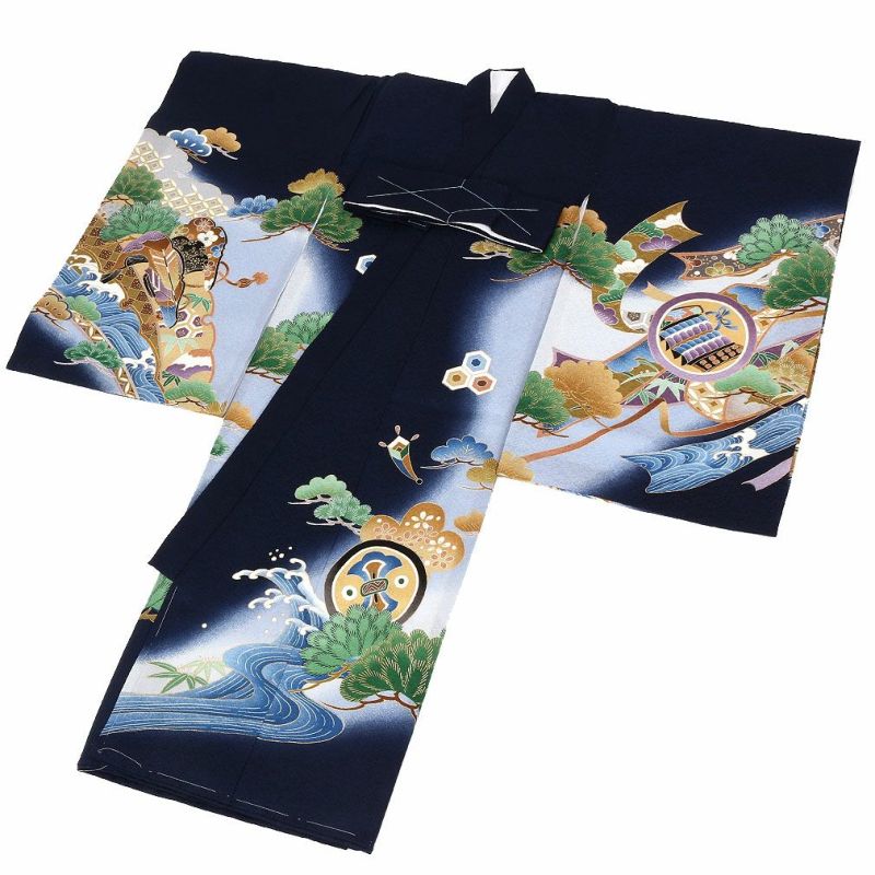 お宮参り 着物 男の子 産着 祝い着 紺 鷹に宝尽くし 正絹 のしめ 掛け