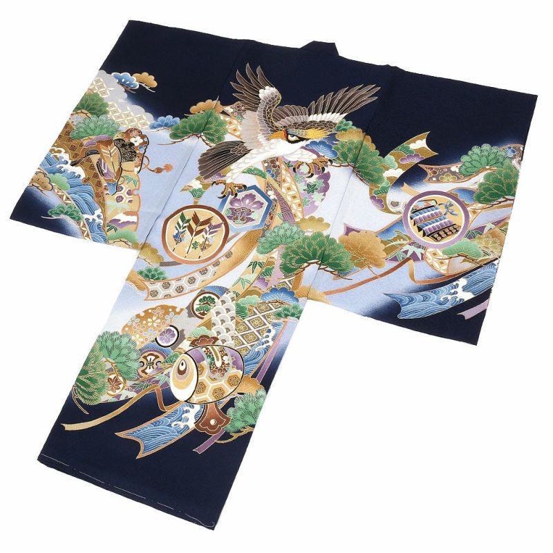 お宮参り 着物 男の子 産着 祝い着 紺 鷹に宝尽くし 正絹 のしめ 掛け