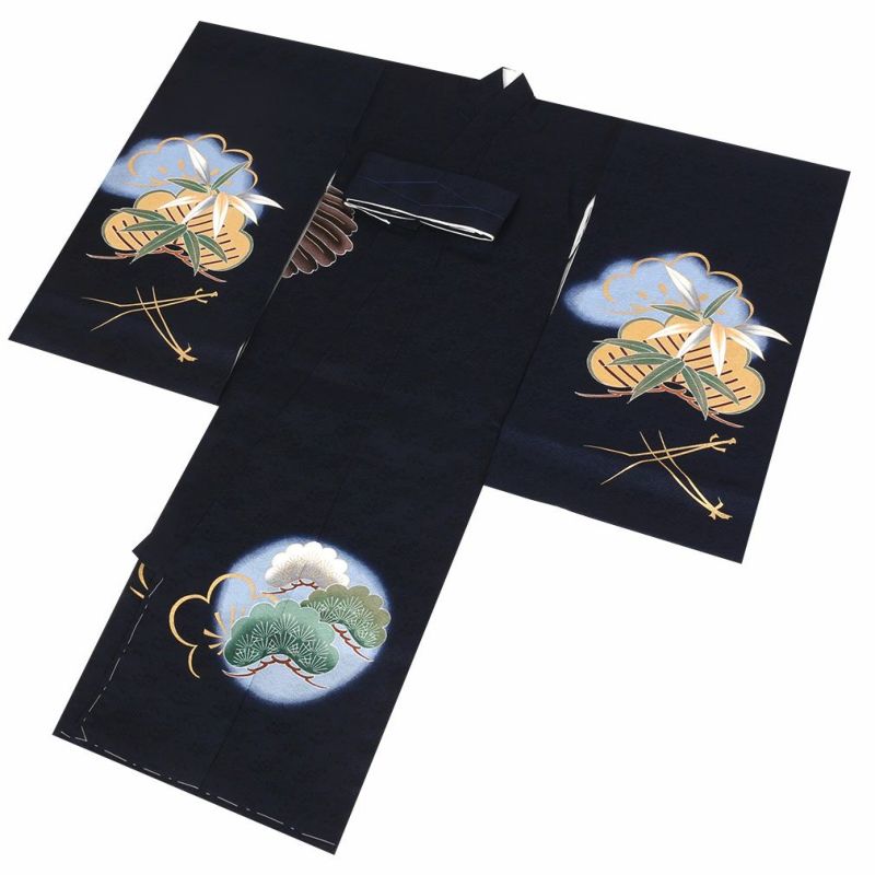 お宮参り 着物 男の子 産着 祝い着 紺 鷹に松枠 桐梅など 正絹 のしめ