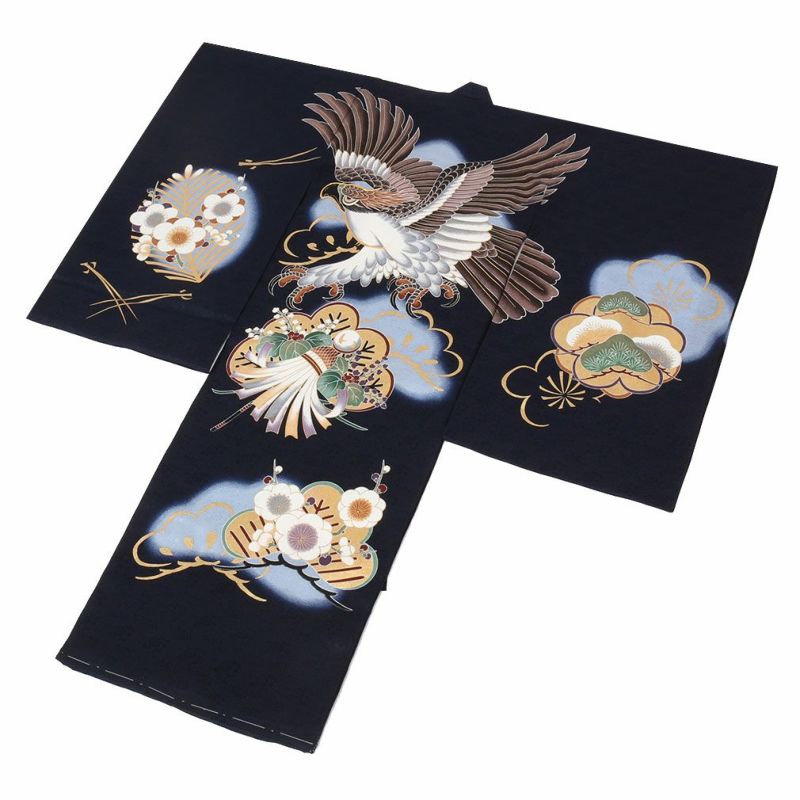 お宮参り 着物 男の子 産着 祝い着 紺 鷹に松枠 桐梅など 正絹 のしめ