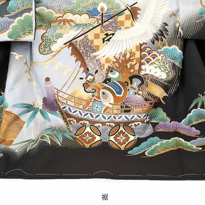 お宮参り着物男の子絹正絹掛け着産着黒鷹宝船軍配小槌鶴松竹梅宝尽くし吉祥紋友禅金彩新品日本製販売購入きもの祝い着のしめ初着祝着一つ身服装赤ちゃんベビー