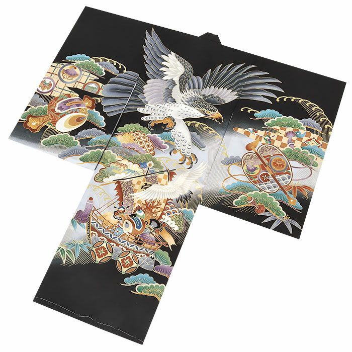 お宮参り着物男の子絹正絹掛け着産着黒鷹宝船軍配小槌鶴松竹梅宝尽くし吉祥紋友禅金彩新品日本製販売購入きもの祝い着のしめ初着祝着一つ身服装赤ちゃんベビー