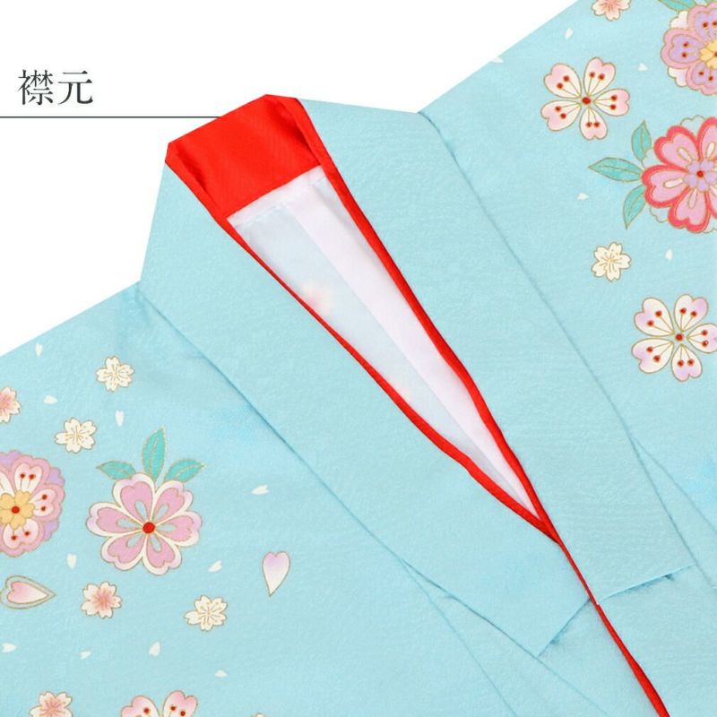 七五三》 四つ身着物3点セット 着物+長襦袢+重ね衿 ＜水色 ／桜＞ 7歳