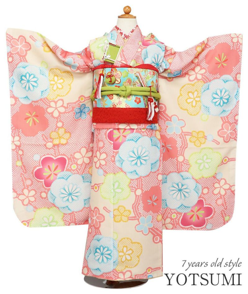 七五三薄紅四つ身四ツ身きもの着物7歳七歳おんなのこ伊達衿小花鹿の子吉祥紋くすみレトロモダンセット衣装小物和装子供用ニュアンスカラー