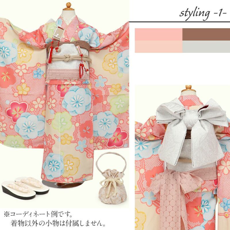 七五三薄紅四つ身四ツ身きもの着物7歳七歳おんなのこ伊達衿小花鹿の子吉祥紋くすみレトロモダンセット衣装小物和装子供用ニュアンスカラー
