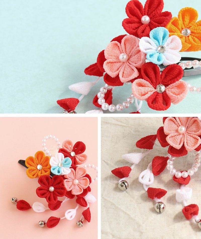 七五三髪飾り3歳7歳女の子1点セット赤ピンククリップ簡単つまみ細工