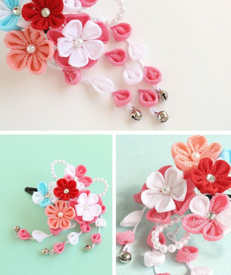 七五三髪飾り3歳7歳女の子1点セット赤ピンククリップ簡単つまみ細工