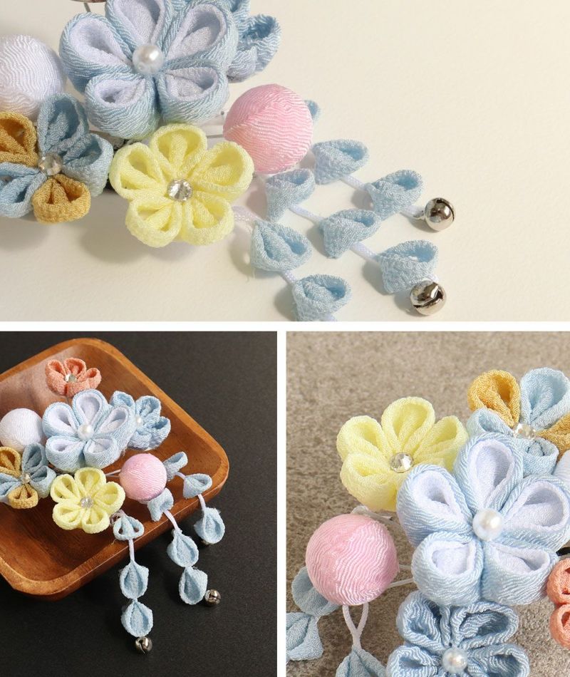 七五三髪飾り3歳7歳女の子1点セットブルーピンククリップ簡単つまみ細工