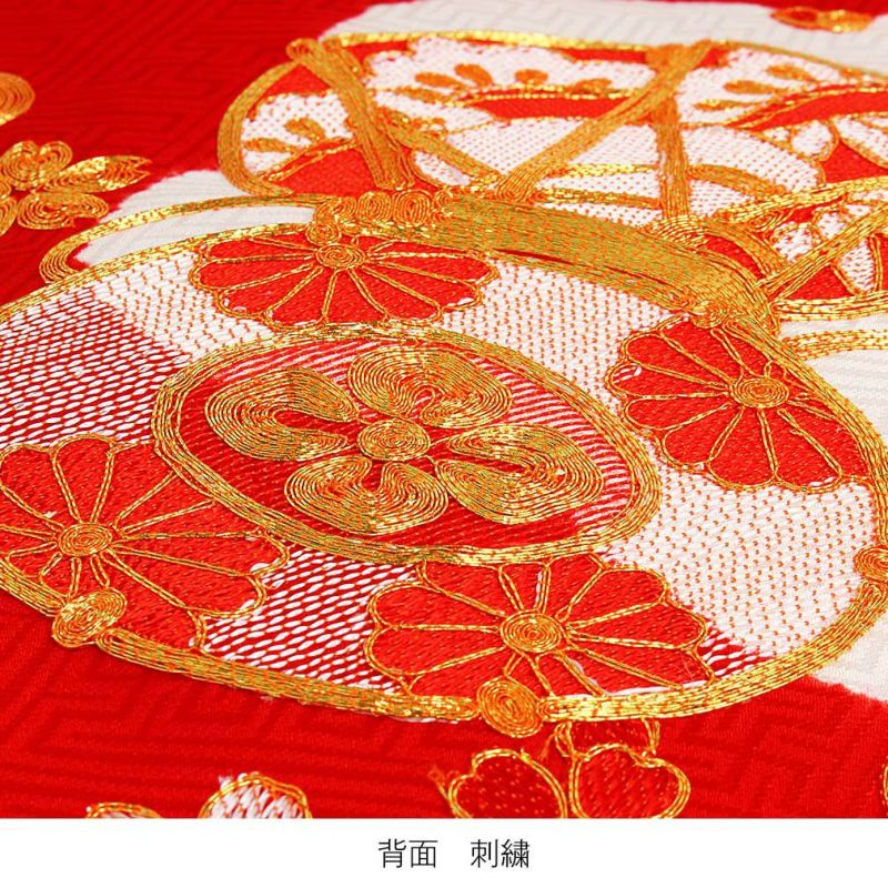 お宮参り着物女の子産着赤深紅レッド鼓鈴桜金駒刺繍金刺繍正絹祝い着のしめ掛け着初着