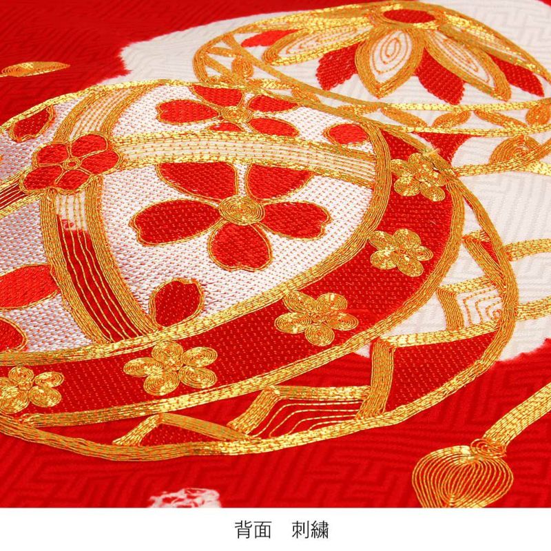 お宮参り着物女の子産着赤深紅レッド鞠桜金駒刺繍金刺繍正絹祝い着のしめ掛け着初着