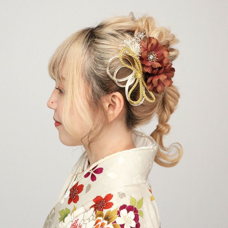 髪飾り成人式振袖袴花飾り花赤ピンクオレンジ金白全3タイプかみかざりヘアアクセ振袖振り袖