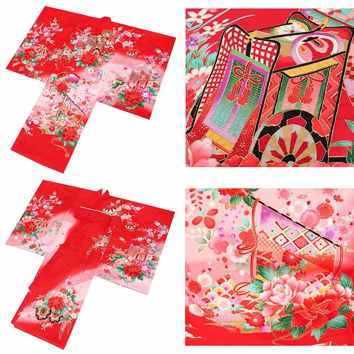 お宮参り着物女の子産着赤ピンクまり鼓花車御所車鈴全4柄正絹祝い着のしめ掛け着初着服装赤ちゃん販売