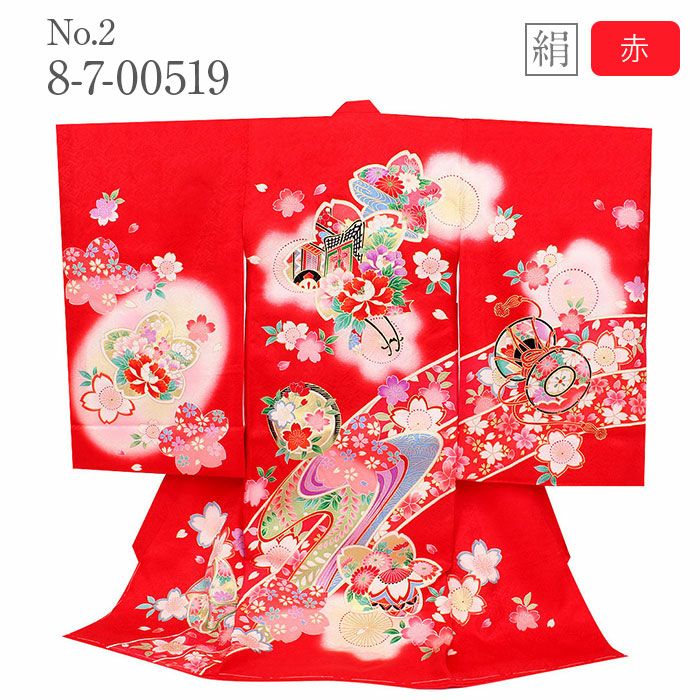 お宮参り着物女の子産着赤ピンクまり鼓花車御所車鈴全4柄正絹祝い着のしめ掛け着初着服装赤ちゃん販売