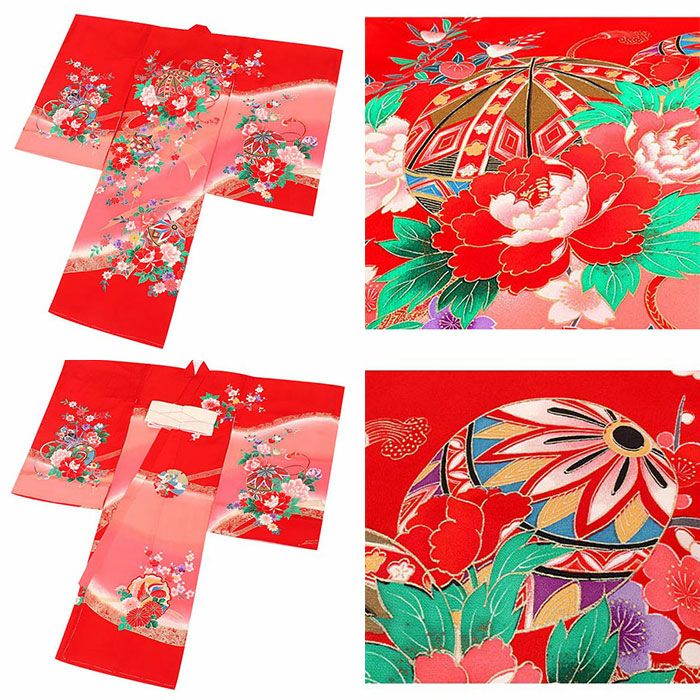 お宮参り着物女の子産着赤ピンクまり鼓花車御所車鈴全4柄正絹祝い着のしめ掛け着初着服装赤ちゃん販売