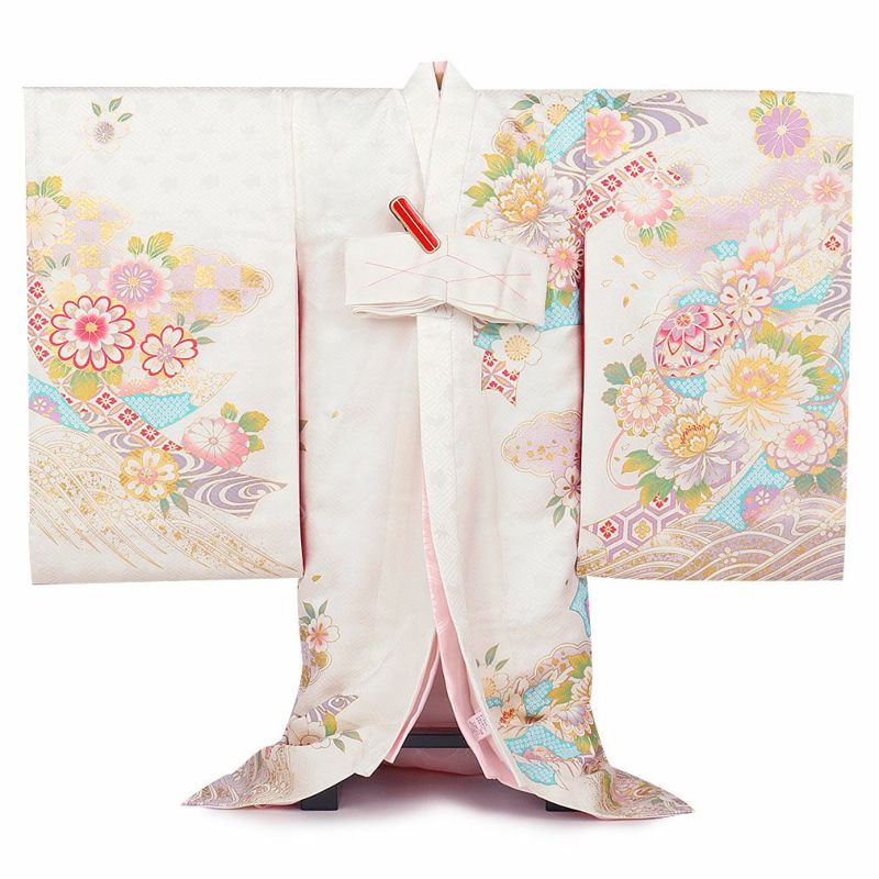 お宮参り 着物 女の子 産着 白 紫色 鞠 菊 牡丹 芍薬 万寿菊