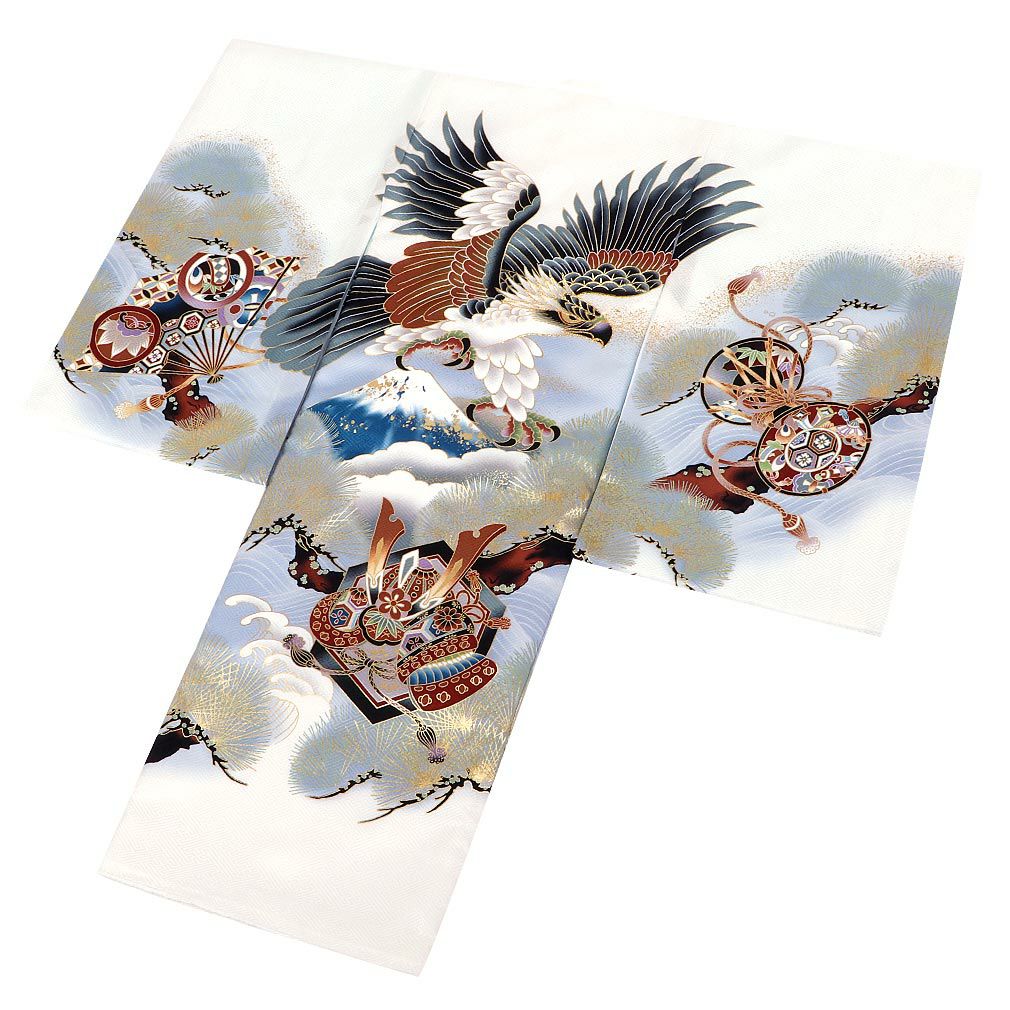 お宮参り 着物 男の子 産着 祝い着 白 鷹 富士山 兜 松 正絹 のしめ