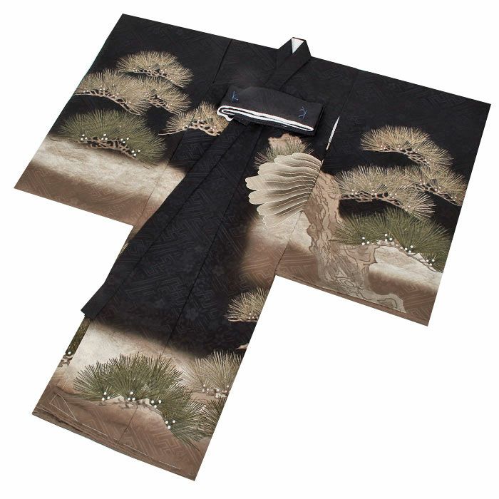 お宮参り着物男の子産着黒灰茶鷹小槌文箱松正絹友禅金刺繍刺繍金彩新品日本製販売購入きもの祝い着のしめ掛け着初着祝着一つ身服装赤ちゃんベビー