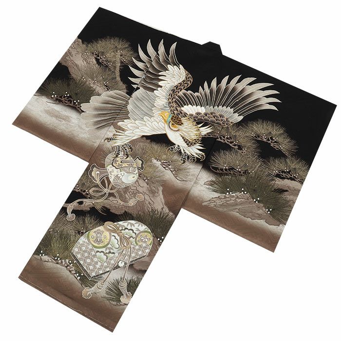 お宮参り着物男の子産着黒灰茶鷹小槌文箱松正絹友禅金刺繍刺繍金彩新品日本製販売購入きもの祝い着のしめ掛け着初着祝着一つ身服装赤ちゃんベビー