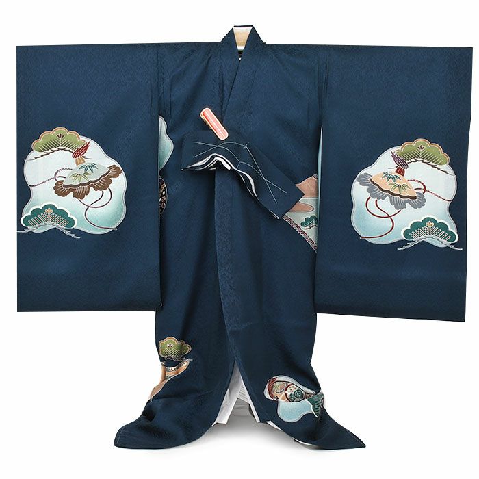 お宮参り 着物 男の子 産着 祝い着 紺 青 水色 兜 絵巻物 宝尽くし