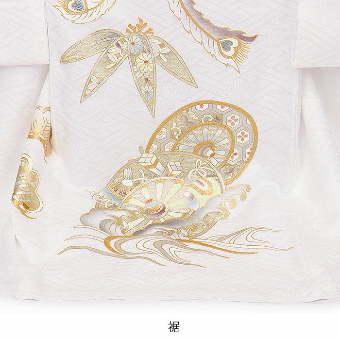 お宮参り着物男の子女の子男女兼用産着白ホワイト鳳凰桐松竹源氏車宝尽くし吉祥紋正絹友禅オーロラ箔箔づかい金彩新品日本製販売購入きもの祝い着のしめ掛け着初着祝着一つ身服装赤ちゃんベビー熨斗目ユニセックス片輪車波車