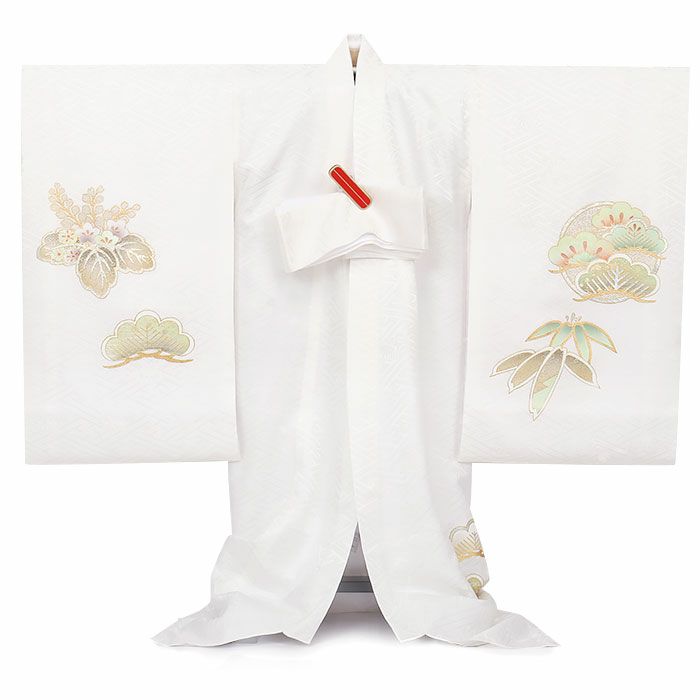 お宮参り着物男の子女の子男女兼用産着白ホワイト鳳凰桐松竹源氏車宝尽くし吉祥紋正絹友禅オーロラ箔箔づかい金彩新品日本製販売購入きもの祝い着のしめ掛け着初着祝着一つ身服装赤ちゃんベビー熨斗目ユニセックス片輪車波車
