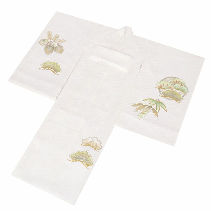 お宮参り着物男の子女の子男女兼用産着白ホワイト鳳凰桐松竹源氏車宝尽くし吉祥紋正絹友禅オーロラ箔箔づかい金彩新品日本製販売購入きもの祝い着のしめ掛け着初着祝着一つ身服装赤ちゃんベビー熨斗目ユニセックス片輪車波車