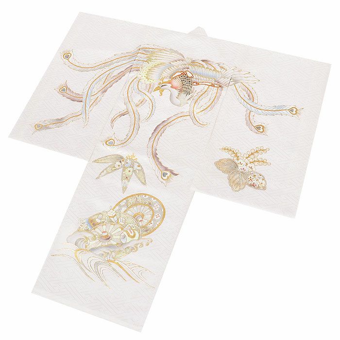 お宮参り着物男の子女の子男女兼用産着白ホワイト鳳凰桐松竹源氏車宝尽くし吉祥紋正絹友禅オーロラ箔箔づかい金彩新品日本製販売購入きもの祝い着のしめ掛け着初着祝着一つ身服装赤ちゃんベビー熨斗目ユニセックス片輪車波車