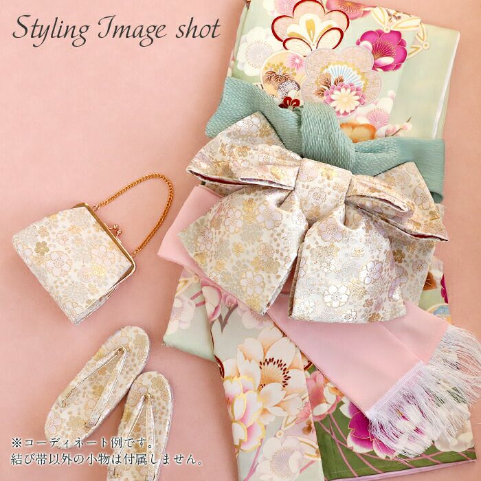 七五三 7歳 御祝帯 子供用 作り帯 白 金 桜尽くし 桜 七歳 日本製