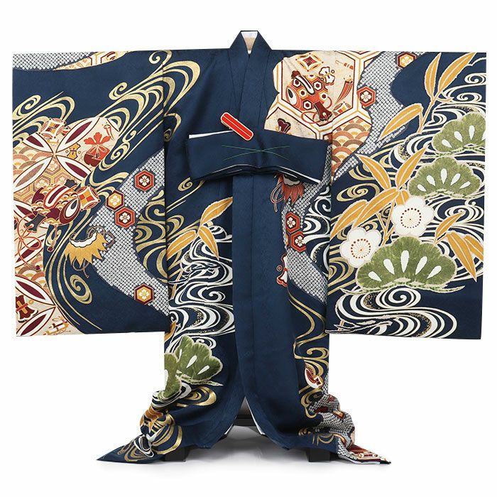 お宮参り 着物 男の子 産着 祝い着 紺 金 対い鶴 吉祥紋 向かい鶴 正絹