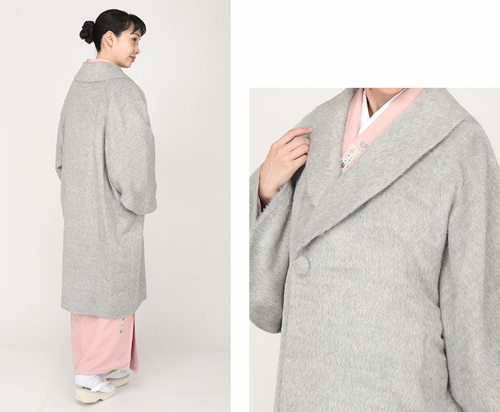 着物コート和装用全3色フリーサイズスーリーアルパカアルパカウールコート日本製着物用きものコートライトグレーダークグレーブラック和装コート着物用ロングへちま衿ラウンドカラーラグランスリーブ軽いやわらか防寒あったか冷え取りに秋冬