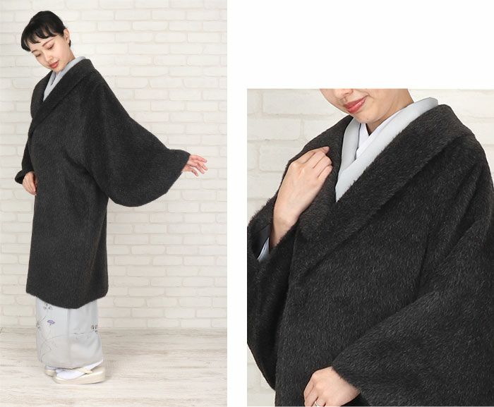 着物コート和装用全3色フリーサイズスーリーアルパカアルパカウールコート日本製着物用きものコートライトグレーダークグレーブラック和装コート着物用ロングへちま衿ラウンドカラーラグランスリーブ軽いやわらか防寒あったか冷え取りに秋冬
