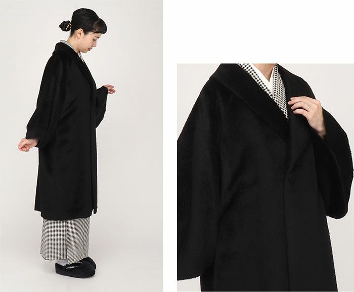 着物コート和装用全3色フリーサイズスーリーアルパカアルパカウールコート日本製着物用きものコートライトグレーダークグレーブラック和装コート着物用ロングへちま衿ラウンドカラーラグランスリーブ軽いやわらか防寒あったか冷え取りに秋冬