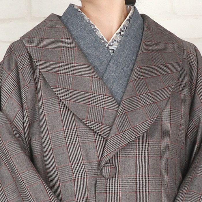 着物コート和装用全3色フリーサイズウールコートアクリル混日本製着物用きものコートグレンチェックブラウングレーライトブラウン和装コート着物用ロングへちま衿ラグランスリーブ軽いやわらか防寒あったか冷え取りに秋冬