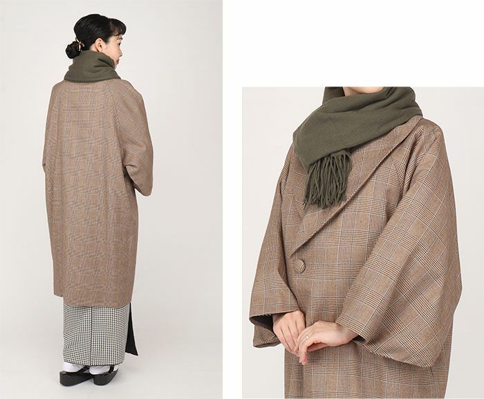 着物コート和装用全3色フリーサイズウールコートアクリル混日本製着物用きものコートグレンチェックブラウングレーライトブラウン和装コート着物用ロングへちま衿ラグランスリーブ軽いやわらか防寒あったか冷え取りに秋冬