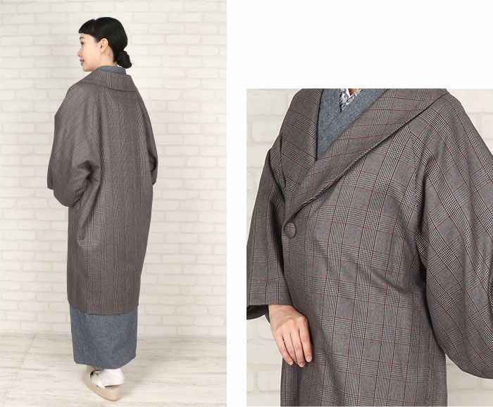 着物コート和装用全3色フリーサイズウールコートアクリル混日本製着物用きものコートグレンチェックブラウングレーライトブラウン和装コート着物用ロングへちま衿ラグランスリーブ軽いやわらか防寒あったか冷え取りに秋冬