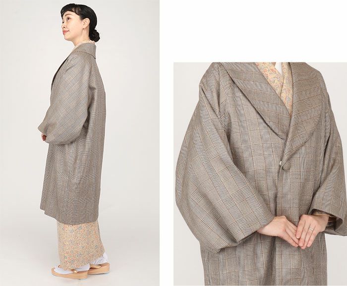 着物コート和装用全3色フリーサイズウールコートアクリル混日本製着物用きものコートグレンチェックブラウングレーライトブラウン和装コート着物用ロングへちま衿ラグランスリーブ軽いやわらか防寒あったか冷え取りに秋冬
