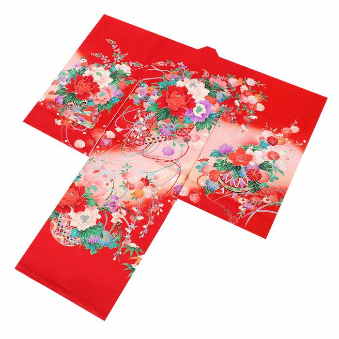 お宮参り 着物 女の子 産着 祝い着 赤 桃 薄橙 牡丹 扇 桜 蝶 鹿の子