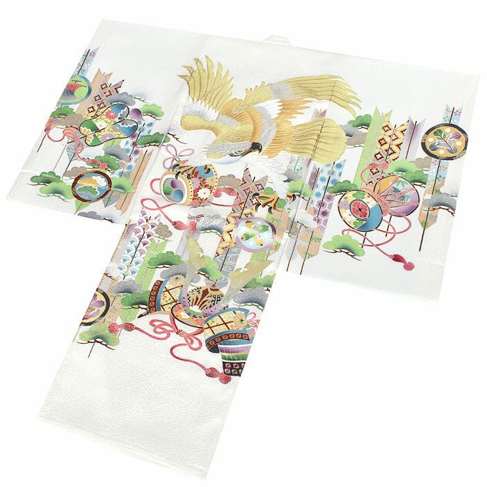 お宮参り着物男の子産着白クリーム鷹兜小槌太鼓矢軍配武具宝尽くし吉祥紋正絹友禅刺繍金彩銀彩新品日本製販売購入きもの祝い着のしめ掛け着初着祝着一つ身服装赤ちゃんベビー黄金鷹