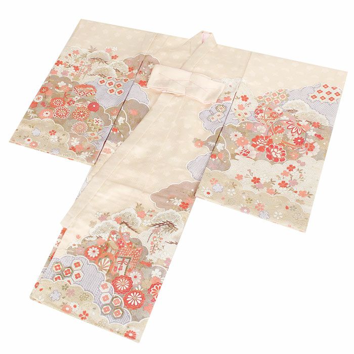 お宮参り着物女の子産着薄橙桃藤色鞠牡丹御所車松竹梅貝桶吉祥花正絹友禅済産業大臣指定伝統的工芸品金駒刺繍金銀彩箔使い新品販売購入きもの祝い着のしめ掛け着初着祝着一つ身服装赤ちゃんベビー毬まりマリクリームピンク