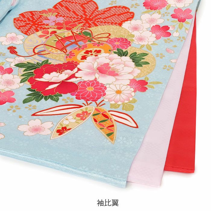 お宮参り着物女の子産着水色鞠牡丹鼓小槌折鶴八重桜梅菊吉祥紋正絹友禅金駒刺繍刺繍金彩箔づかい新品日本製販売購入きもの祝い着のしめ掛け着初着祝着一つ身服装赤ちゃんベビー毬まりマリライトブルーピンクfs