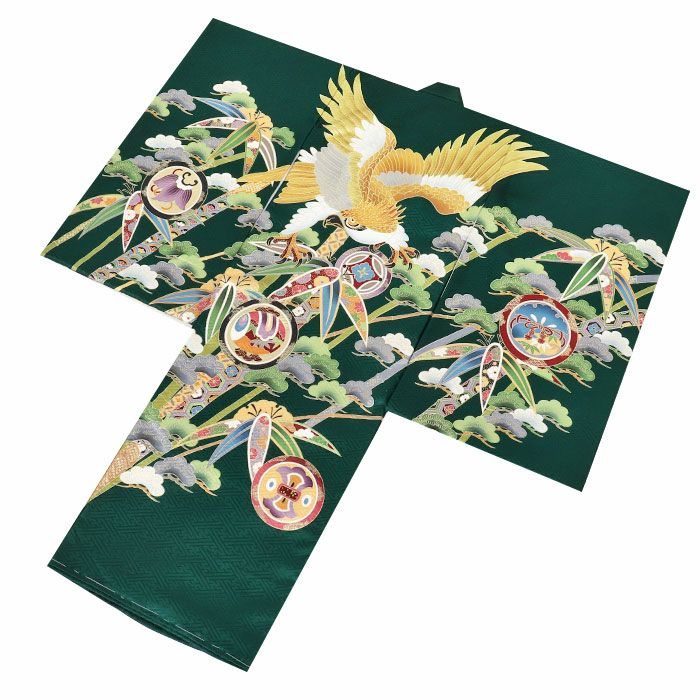 お宮参り 着物 男の子 産着 祝い着 緑 金 鷹 松竹梅 小槌 宝尽くし