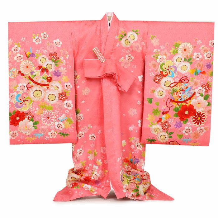 お宮参り着物女の子産着桃赤鞠鈴牡丹兎折鶴牡丹桜玩具柄正絹友禅金駒刺繍金彩新品日本製販売購入きもの祝い着のしめ掛け着初着祝着一つ身服装赤ちゃんベビーウサギうさぎピンクfs