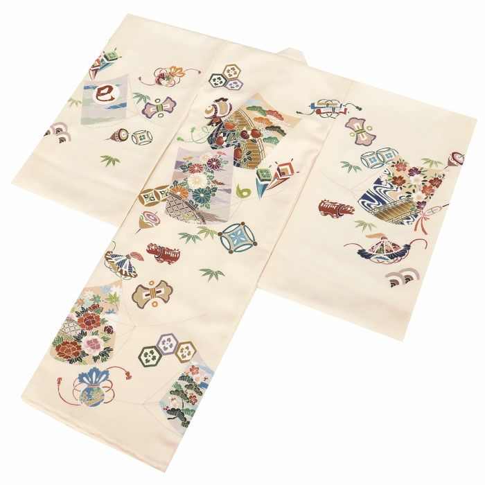 お宮参り着物男の子産着生成凧凧揚げ巳蛇年宝尽くし赤べこ玩具柄吉祥紋正絹友禅京友禅経済産業大臣指定伝統的工芸品金駒刺繍金彩新品日本製販売購入きもの祝い着のしめ掛け着初着祝着一つ身服装赤ちゃんベビー贈答プレゼント御祝いfs