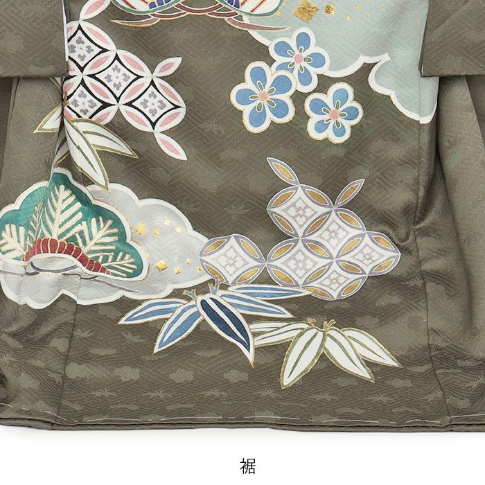 お宮参り着物男の子産着濃松葉宝尽くし松竹梅吉祥紋正絹友禅手書き友禅銀通し金駒刺繍手刺繍金彩箔づかい新品日本製販売購入きもの祝い着のしめ掛け着初着祝着一つ身服装赤ちゃんベビー贈答プレゼント御祝いカーキグリーンfs